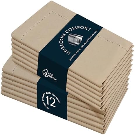 Beige Cloth Napkins 18"x18" - Set of 12 - Soft, Durable, Absorbent, Reusable, Washable - Hemstitch Mitered Edges - Perfect for Everyday Dining, Fall, Weddings, Baby Showers, Dinner by HEIRLOOMCOMFORT