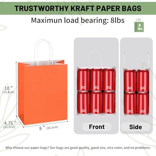 Mlyta 200 Pack 8x4.75x10 Inch Medium Orange Kraft Paper Gift Bags with Handles Bulk for Goodie Party Favor Brithday Grocery Shopping Business Wedding Retail Craft Treat To Go Return, Merchandise Sacks - Image 3