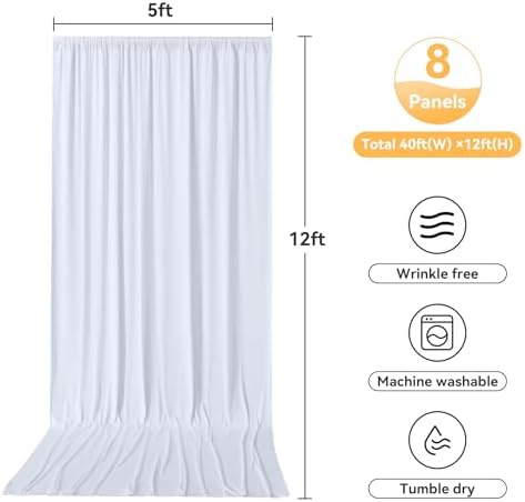 8 Panels 5x12ft White Backdrop Curtains for Wedding Parties, Wrinkle Free Polyester Photo Backdrop Drapes 12 ft Long Back Drop Cloth Drapery for Birthday Baby Shower Photography Party Background - Image 6