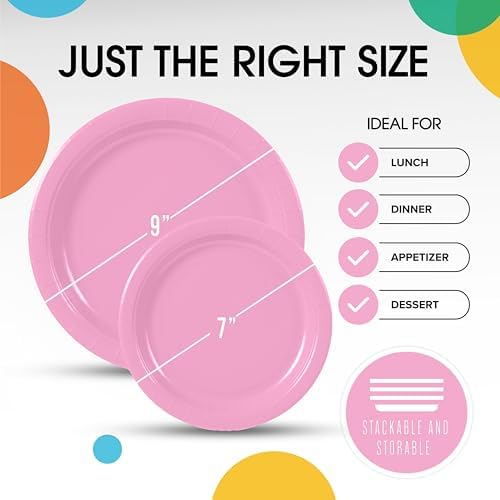 Party Solids Exquisite Pink Paper Plates Disposable Heavy Duty 200 Pcs - 100-7 & 100-9 Pink Disposable Plates for Party Heavy Duty 350 GSM for Birthday Supplies - Image 3