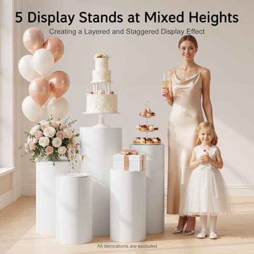 5PCS White Cylinder Pedestal Stands for Party Round Pedestal Display Plinth Pillars Metal Dessert Table Display for Wedding Birthday Party Art Decor(5PCS-Cylinder-2) - Image 3