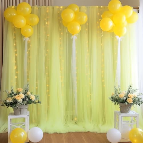 20ft x 10ft Yellow Backdrop Curtain with Lights String for Parties, Sheer Tulle Wedding Photo Backdrops Drapes for Baby Shower Birthday Party Decorations Background for Photography - Image 2