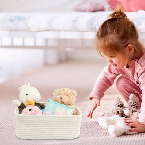 XUANGUO Small Woven Storage Baskets for Shelves, 13" x 9" x 5", White - Image 3