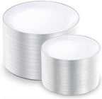 KIRE 200PCS Silver Plastic Plates - White Plastic Plates with Silver Rim Include 100 Dinner Plate and 100 for Dessert/Salad Plate for Birthday/Wedding/Party by KIRE