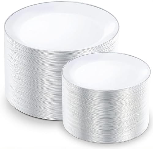 KIRE 200PCS Silver Plastic Plates - White Plastic Plates with Silver Rim Include 100 Dinner Plate and 100 for Dessert/Salad Plate for Birthday/Wedding/Party by KIRE