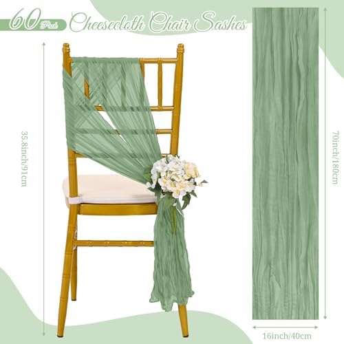 60 PCS Sage Green Chair Sashes Cheesecloth Sashes Rustic Chair Decorative Bows Designed ChairCover for Wedding Banquet Party Aisle Home Kitchen Decoration (16 x 70 inch) - Image 2
