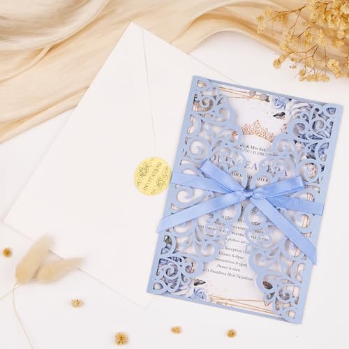 50PCS Blue Customizable Wedding Invitations with Envelopes and RSVP Cards - Image 3