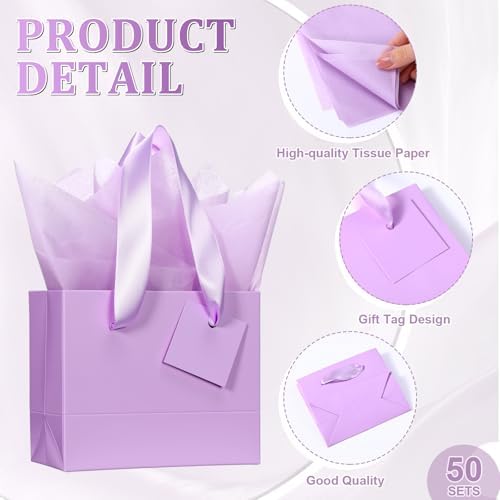Qilery 50 Pcs Wedding Paper Gift Bags Bulk with Tissue Paper Small Gift Bags with Handle and Tags for Birthday Wedding 4th of July Party Business(Light Purple,4.7 x 2.4 x 3.9'') - Image 2