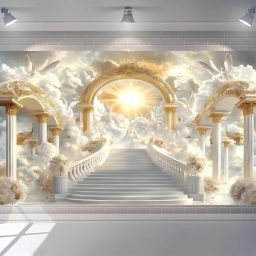 Golden Heaven Sent Theme Banner Paradise Stairway Holy Light White Dove Floral Angel Easter Background Heaven Sent Baby Shower Church Event Banners Christian Religious Backdrop(Gold, 8 * 6feet) by Unknown