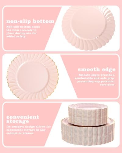 YOUBET 100PCS Pink and Gold Scalloped Plastic Plates for Wedding Party - Image 6