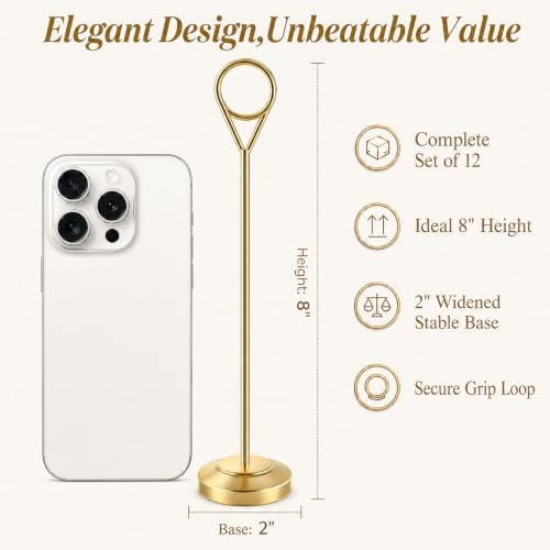 Radezon 12 Pack Gold Table Number Holders, 8inch Weighted Base Place Card Holders for Outdoor Wedding, Windproof Sturdy Metal Photo Stands for Reception Tables, Parties & Events - Image 2