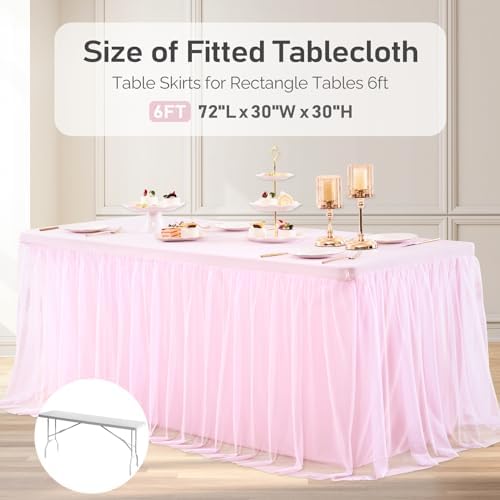 Pink Tablecloth for 6 Foot Rectangle Tables with Ruffle Tulle Table Skirt - Image 5