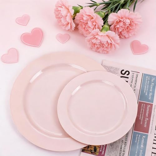 FLOWERCAT 100PCS Pink Plastic Plates - Heavy Duty Pink Party set Disposable serve for 50 guests -10 inch Dinner + 7 inch Dessert/Salad Plates for Easter,Birthday Party,Mother's Day - Image 4