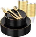 WDF 150PCS Black Plastic Plates - Black and Gold Plates Disposable - 25 Guest Disposable Dinnerware Sets for Party/Wedding/Halloween by WDF