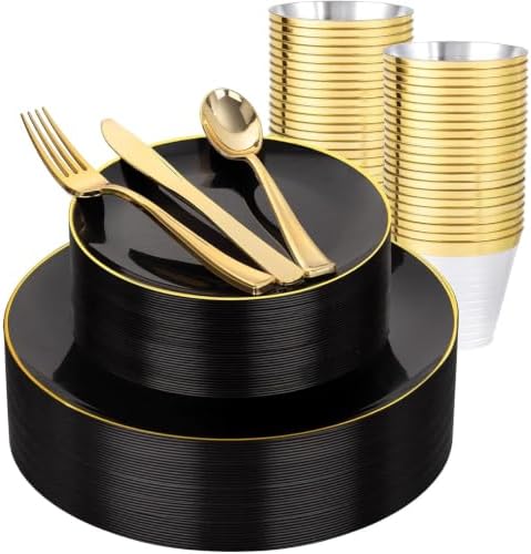 WDF 150PCS Black Plastic Plates - Black and Gold Plates Disposable - 25 Guest Disposable Dinnerware Sets for Party/Wedding/Halloween by WDF