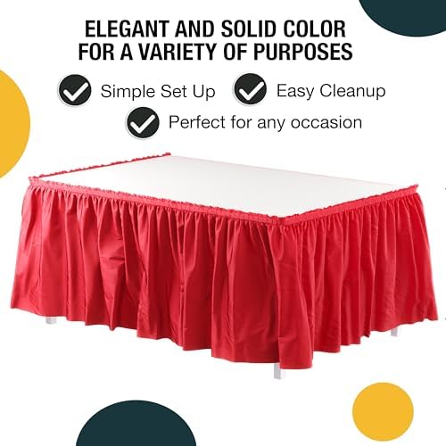 Exquisite Red Table Skirt 48 Pack - Disposable Plastic Table Skirts for Rectangle Tables 6ft 8ft & Round Tables - 29in x 14ft Self-Adhesive Strip - Birthday Wedding Gender Reveal Decor - Image 2