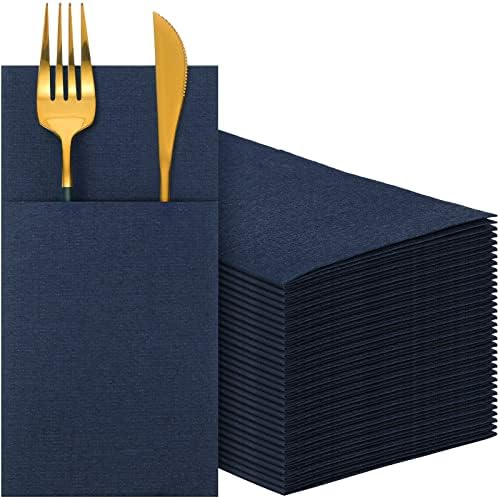 Cindeer 150 Pcs Navy Blue Linen Dinner Napkins with Built in Flatware by Cindeer