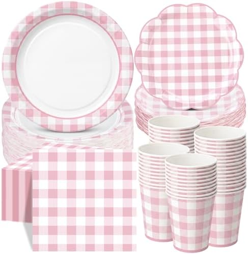 Funnymoom 250 Pcs Pink Gingham Paper Plates and Napkins Party Supplies by Funnymoom