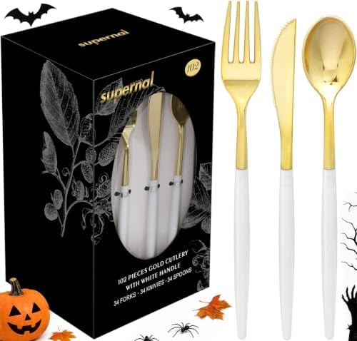 Supernal 102pcs White and Gold Plastic Silverware Set,34 Guests by supernal
