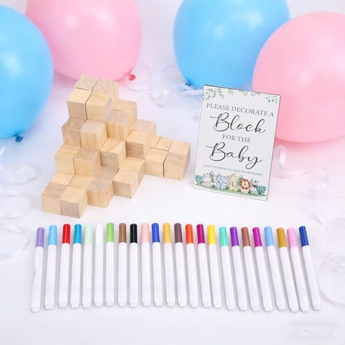 Generic Baby Shower Decorative Block Game Set with Painting Pens for Interactive Activities for Gender Reveal Parties and Baby Showers, Solid Pine Wood Blocks and Sign Kit (Shower Games Gift Kit) - Image 2