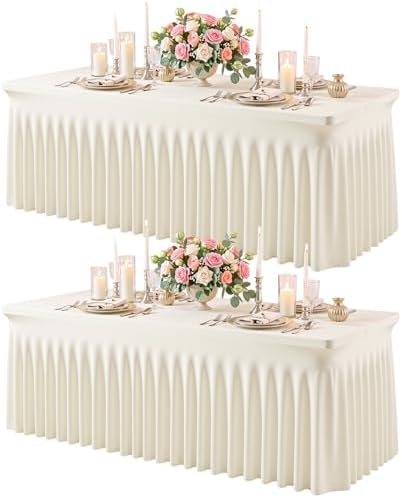 2 Pack Ivory Spandex Tablecloth for 6FT Rectangle Tables, Fitted Stretch Table Cover with Skirt, Wrinkle Free Washable Elastic Table Cloth for 6 Foot Folding Table, Wedding Banquet Baby Shower by Gogoparti