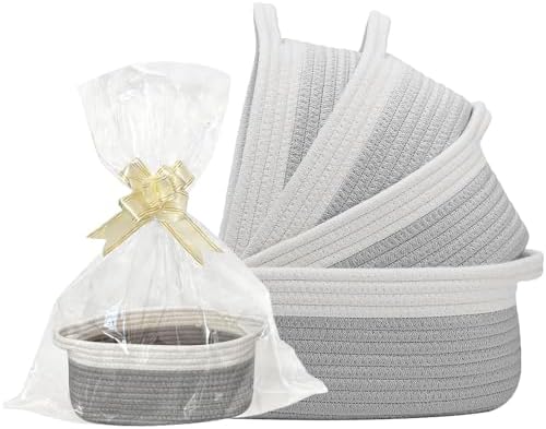 5 Pack Small Woven Cotton Rope Storage Basket with Gift Bags and Ribbons, Nursery Organizer Bin with Handles for Gift Laundry Home Organization, Grey by Lifenanny