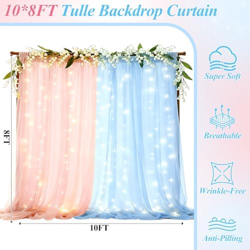 Ledido 10×8ft Pink Blue Tulle Backdrop Curtains with Light(4 Panels 5×8ft) - Image 2