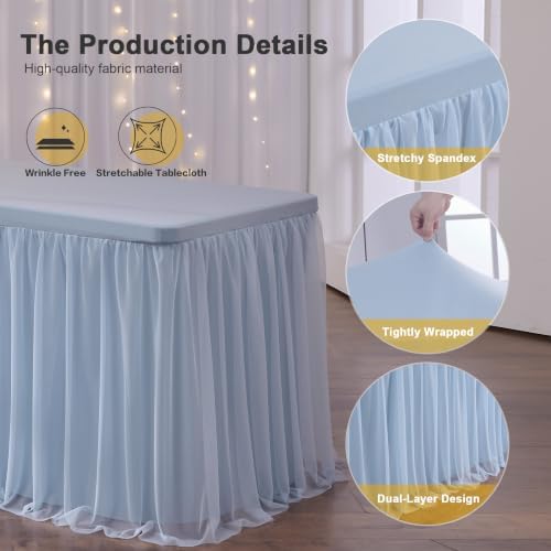 familus Dusty Blue Table Cloths 6 Foot Rectangle 2 Pack Stretch Ruffle Tulle Tablecloth Spandex Fitted Table Cover for 6 Foot Tulle Table Skirts for Party Wedding Table Cloths, Banquets - Image 3