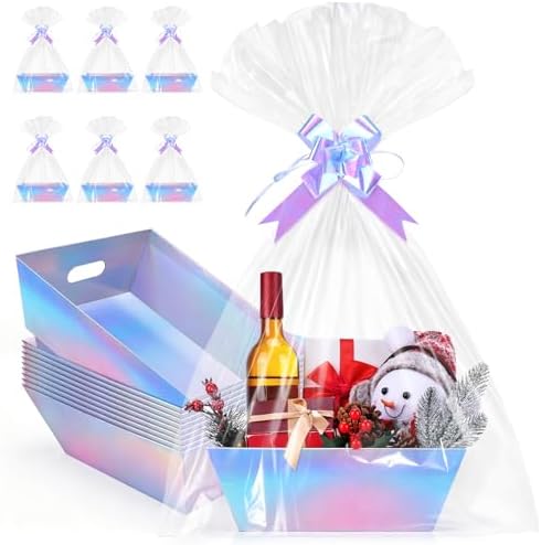 AFOROEOA 10 PACK Laser Gift Baskets for Gifts Empty, 12x10x4” Holographic Iridescent Gift Basket Kit with 10 Bows & 10 Bags - Large Empty Gift Baskets to Fill for Christmas, Weddings, Birthdays, Holiday Gifting Hampers by AFOROEOA