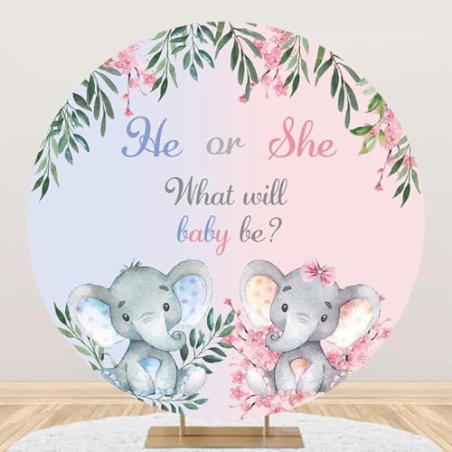 AOFOTO 5x5ft Gender Reveal Round Backdrop Cover Cartoon Baby Elephant Rustic Flower Leaf Printed Photography Background What Will Baby Be He or She Pink Blue Pregnant Mom Surprise Party Decor - Image 2