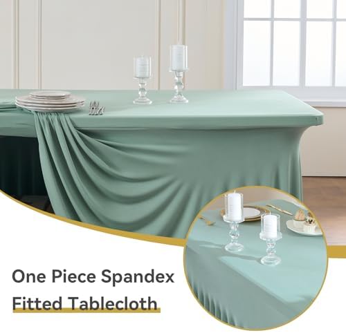 Spandex Tablecloth 6FT Rectangle Table Cover 4 Pcs Dusty Green Wrinkle-Free - Image 2
