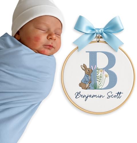 Embroidery Baby Name Sign, Personalized Welcome Baby Hoop Sign with Bow, Custom Baby Name Sign for Hospital, Infant Baby Shower Gifts New Parents (06) by Chikky