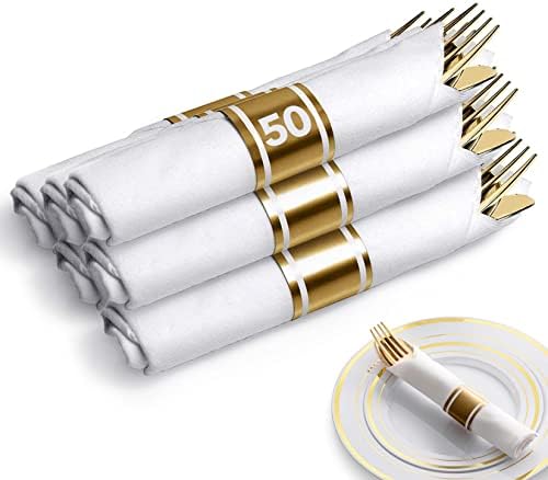 200 Pieces Pre Rolled Gold Plastic Cutlery Set, Individually Wrapped Plastic Silverware Set with 50 Forks, 50 Knives, 50 Spoons, 50 Napkins, Utensils for Weddings, Service for 50 Guests by StockYourHome