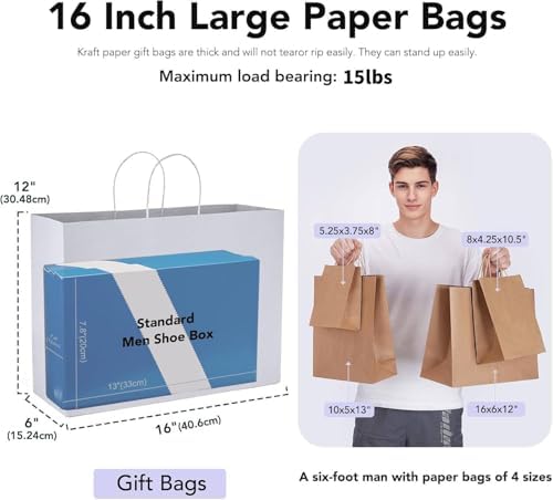 GSSUSA White Paper Bags with Handles, Large Gift Bags 16x6x12, 100 Pack - Image 2