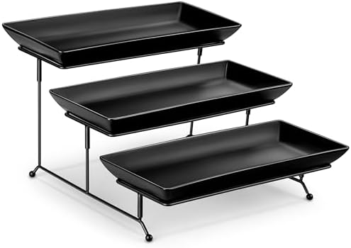 MALACASA 3 Tier Serving Trays for Party, Stoneware Serving Platters and Trays, 14 Inch Tiered Tray Stand, Fruit Tray, Trays for Serving Food, Black Dessert Stand with Collapsible Sturdier Metal Rack by MALACASA