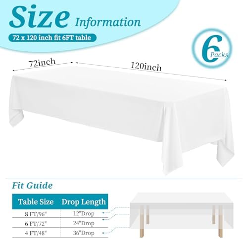 6 Pack Tablecloth 72 x120 inch Polyester Table Cloth for 6-8 Foot Rectangle Tables,Stain and Wrinkle Resistant Washable Fabric Table Covers Polyester White Table Clothes for Wedding,Party,Banquet - Image 3