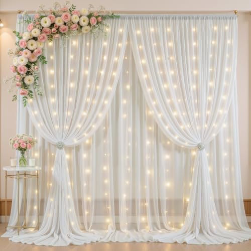 20ft x 10ft White Chiffon Backdrop Curtain with Lights String for Parties,4 Panels Sheer Tulle Curtain Wedding Backdrop for Baby Shower Birthday Party Ceremony Reception Home Decorations by Partisky