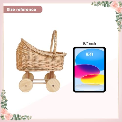 12 Inch Woven rattan baby stroller baskets, vintage rattan flower cart, wicker stroller carriage for baby shower,wedding and gift decorations, pushcart-style decorative flower stands - Image 4
