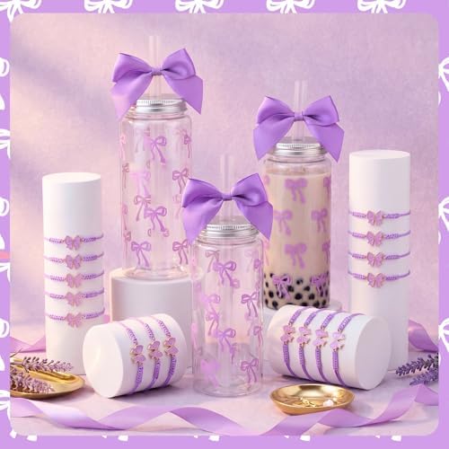 Yungyan Purple 36 Pcs Bow Plastic Cups with Lids and Straws Coquette Bow Bracelets Clear Reusable Soda Bar Party Drinking Cups for Dance Ballet Wedding Baby Shower Birthday Party Supplies - Image 3