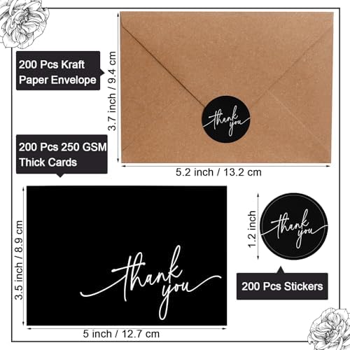 Gueevin 200 Pcs Thank You Cards with Envelopes Stickers, 3.5x5", Black - Image 2