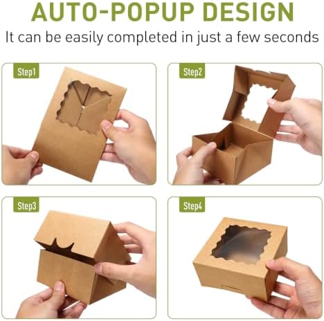 5x5x2.5 Auto-Popup Small Cookie Boxes with Window, Brown, 60 Pack - Image 6