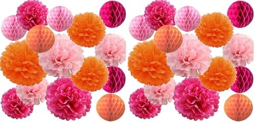 15PCS Hot Pink Orange Party Decorations Tissue Paper Flowers Pom Poms Honeycomb for Girl Groovy Birthday Baby Shower Wedding Bachelorette Summer Flamingo Party Nursery Wall Hanging Décor (Pack of 2) by ALLHEARTDESIRES
