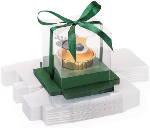 EUSOAR Clear Cupcake Boxes, 3.5 Inch 50 Pack Muffins Gift Wrappers Cake Containers with Inserts and Ribbon, Dessert Pastry Holder Disposable Cookies Carrier for Wedding Party Favor Bakery-Green by EUSOAR