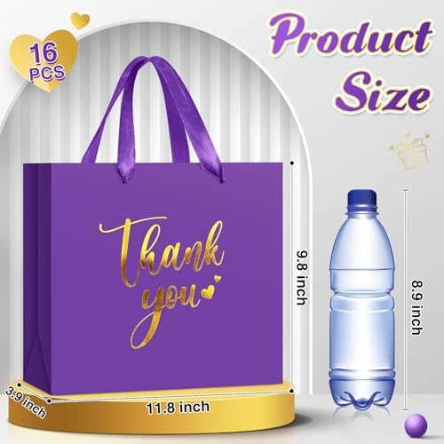 Kolldenn 16 Pcs Thank You Gift Bags Thank You Paper Bags with Handle Wrap Bags Bulk Totes for Birthdays Business Wedding Baby Shower Party Favors(11.81 x 9.84 x 3.94 Inches,Purple) - Image 2