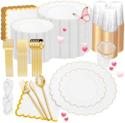 351-Piece White Plastic Plates & Gold Dinnerware Set for 50 Guests by WWONDERFUL