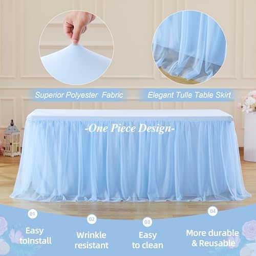 Wish Care 2 Pack Baby Blue Tulle Table Cloth for 8 Foot Rectangle Tables Wrinkle Free Stretch 8ft Light Blue Tablecloths Tutu Skirt Ruffle Fitted Table Cover for Birthday Baby Shower Party Tablecloth - Image 5