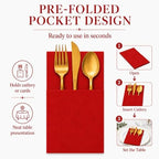 100 Pcs Red Napkins Disposable Linen Feel Dinner Paper Napkins with Built-in Flatware Pocket, 16inch x 16inch Airlaid Paper Pre-Folded Napkins for Silverware Baby Shower Easter Wedding Birthday Party - Image 6