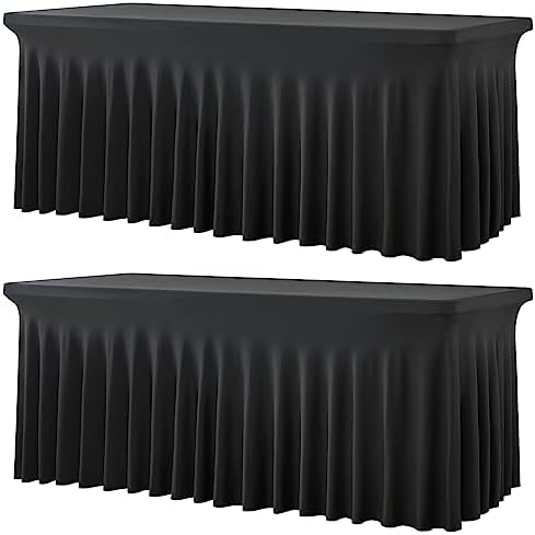 2 Pack Black Spandex Tablecloths for 4 ft Rectangle Tables, Wrinkle Free Fitted Table Covers 4 Foot StretchyTable Cloth with Skirt for Parties Weddings Birthday Banquet Baby Shower by Htper