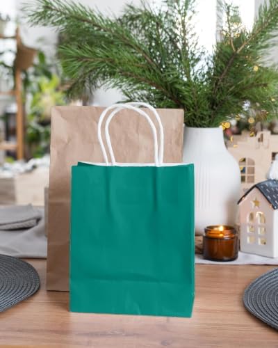 qiqee 100Pcs Paper Gift Bag with Handles Deep Green Party Favor Bags Multiple Uses (8.3"x3"x6", Small Size) - Image 7