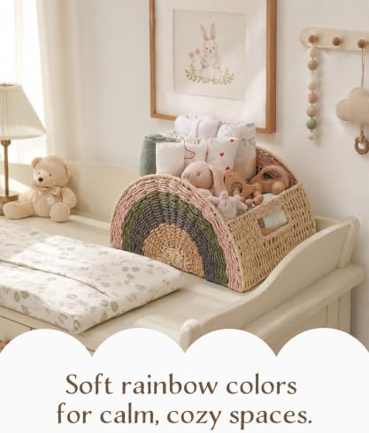 Rainbow Rope Basket, Handwoven Paper Rope Baby Toy Storage Basket with Handle for Nursery, Diapers, Clothes, Books & Toys, Kids Room, Playroom & Baby Shower Gift - Image 2